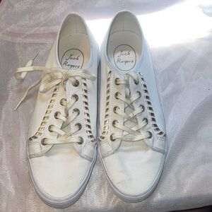 Jack Rogers Carter cream sneakers gold whipstitch